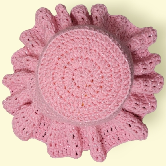 Handmade Pink Sparkly Relaxed Ruffle Crochet Sun Hat Bucket Hat - Picture 2 of 4